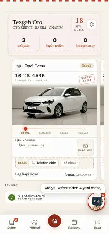Defterci asistanın ekran kaydı: karşılama, müşteri takibi ve bugün ne var cevabı