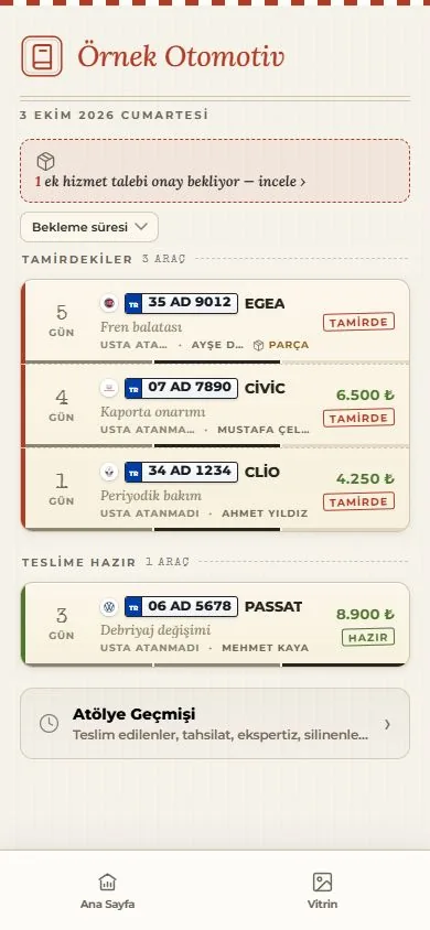 Örnek Otomotiv defterinde tamirdeki ve teslime hazır araçların ayrı listeleri; örnek kayıt ekranı