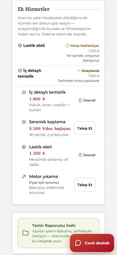 Atölye Defteri'nde ek hizmet önerisi ve müşteri onayı ekranı
