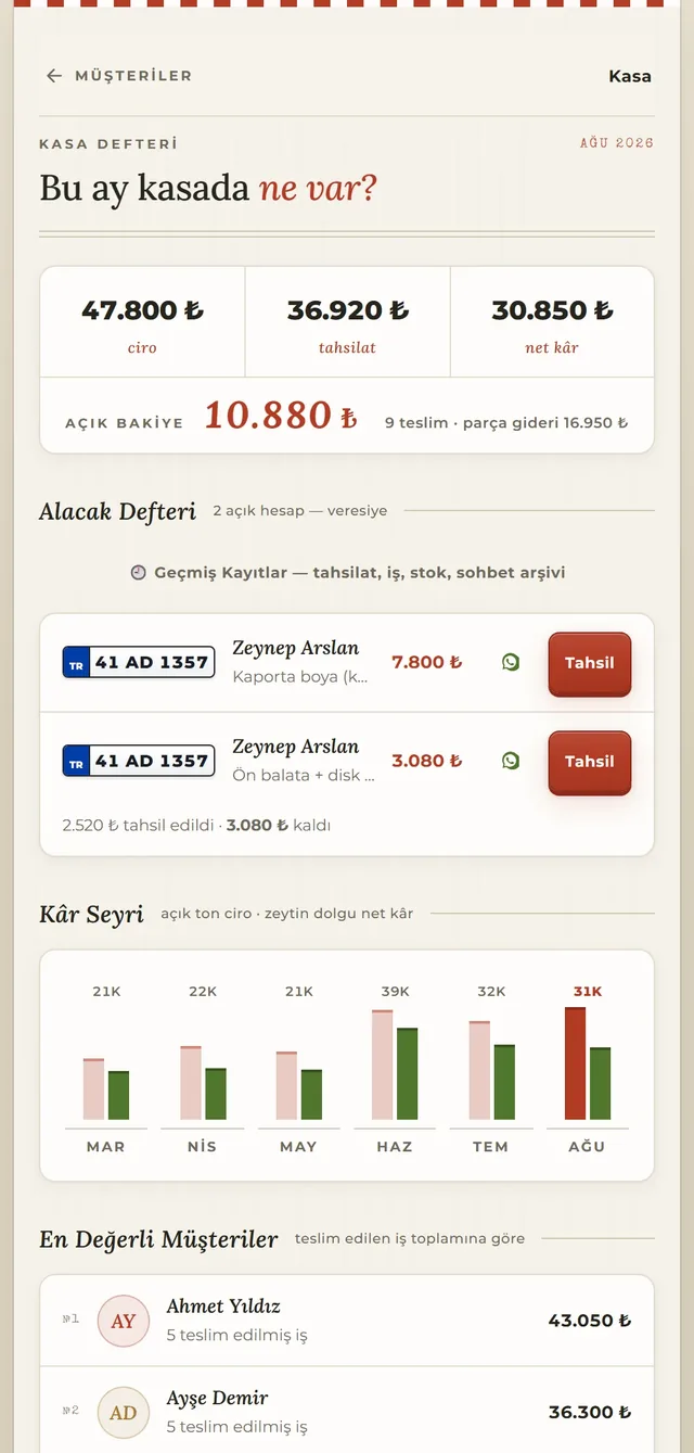Atölye Defteri — Kasa ve tahsilat