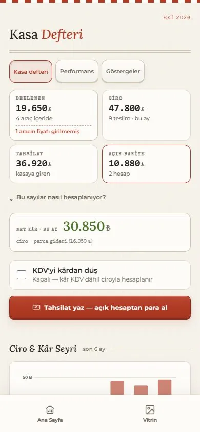 Patron hesabındaki Kasa ekranında tahsilat ve alacak özeti; örnek kayıt ekranı