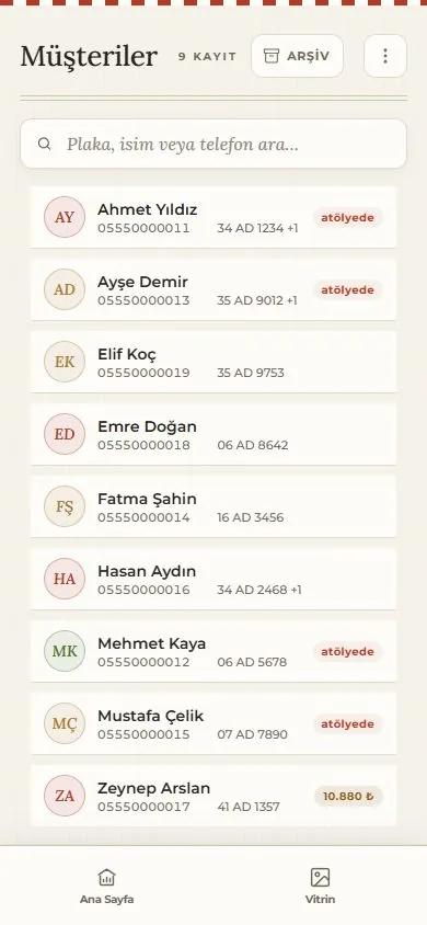 Atölye Defteri'nde müşteri ve araç ekranı: araç geçmişi ve iletişim bilgileri
