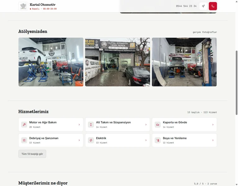 Kartal Otomotiv’in gerçek web sitesindeki atölye galerisi ve hizmetler bölümü