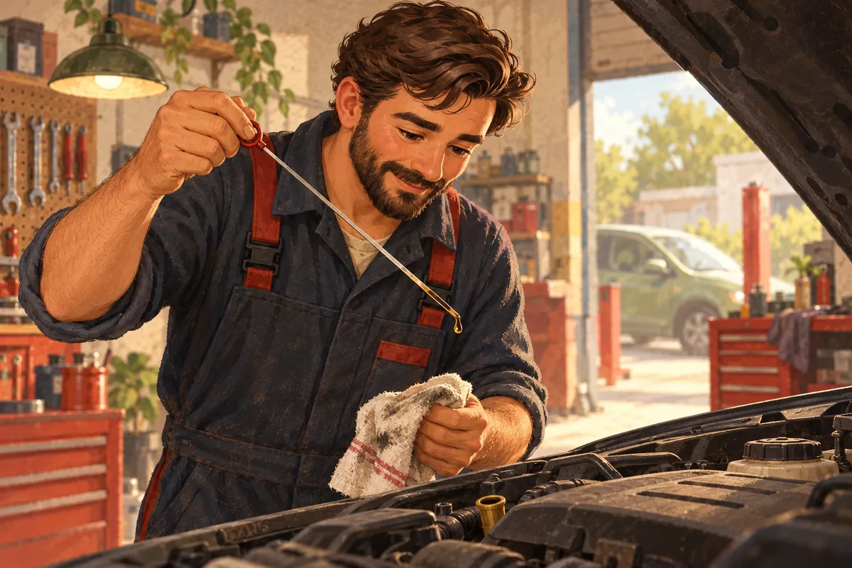 Çizim: Usta motor yağ çubuğunu çekiyor, ucunda yağ damlası
