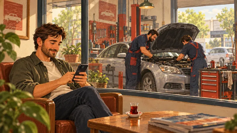 Çizim: Müşteri atölyenin camlı bekleme odasında telefonuna bakıyor, ustalar aracının motorunda çalışıyor