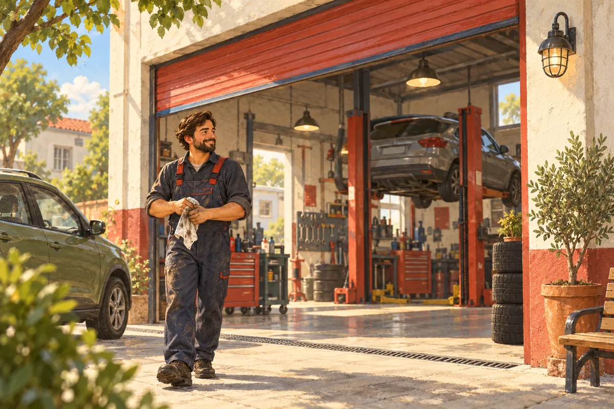 Çizim: Temiz ve aydınlık oto tamir atölyesi dış cephesi, açık kepenk