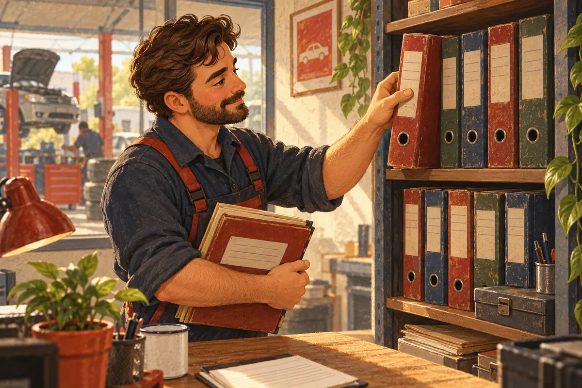 Çizim: Atölye ofisinde rafta dizili eski klasörler