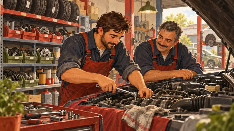 Çizim: Atölyede lastik rafı ve parça kutularının önünde ustalar motor üzerinde çalışıyor