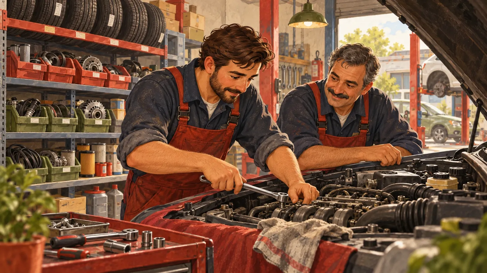 Atölyede lastik rafı ve parça kutularının önünde ustalar motor üzerinde çalışıyor