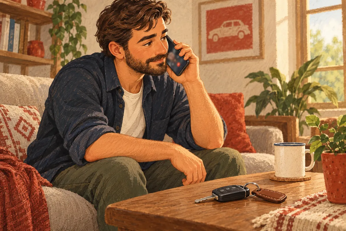 Çizim: Evde kanepede telefonla arama yapan kişi, ekran bulanık, sehpada araç anahtarı